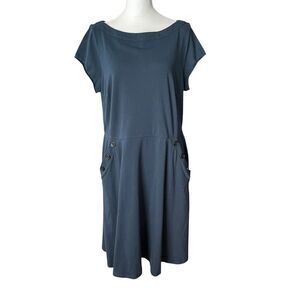 eShakti Plus 16W Sheath Dress Cap Sleeve Button Pockets Dark Blue Stretch